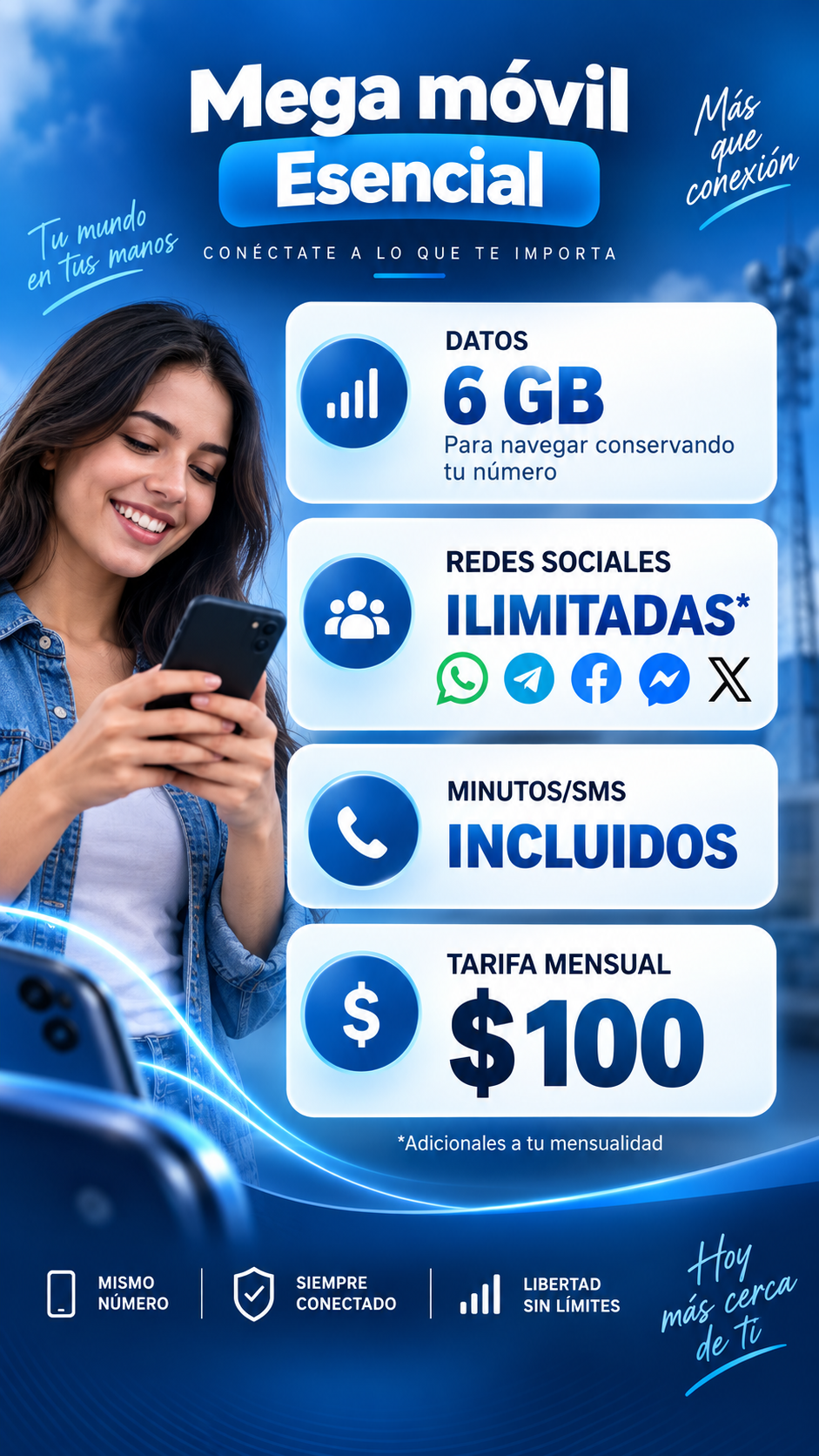 Mega móvil Esencial: 6 GB, redes sociales ilimitadas y minutos/SMS incluidos. $100 mensuales adicionales a tu mensualidad.