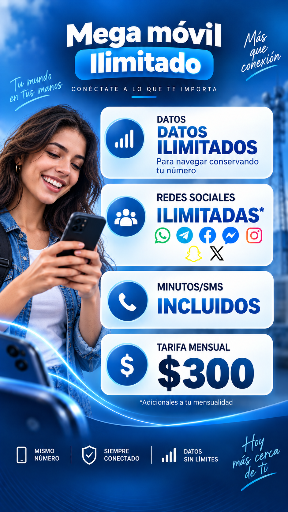 Mega móvil Ilimitado: datos y redes sociales ilimitados, minutos/SMS incluidos. $300 mensuales adicionales a tu mensualidad.